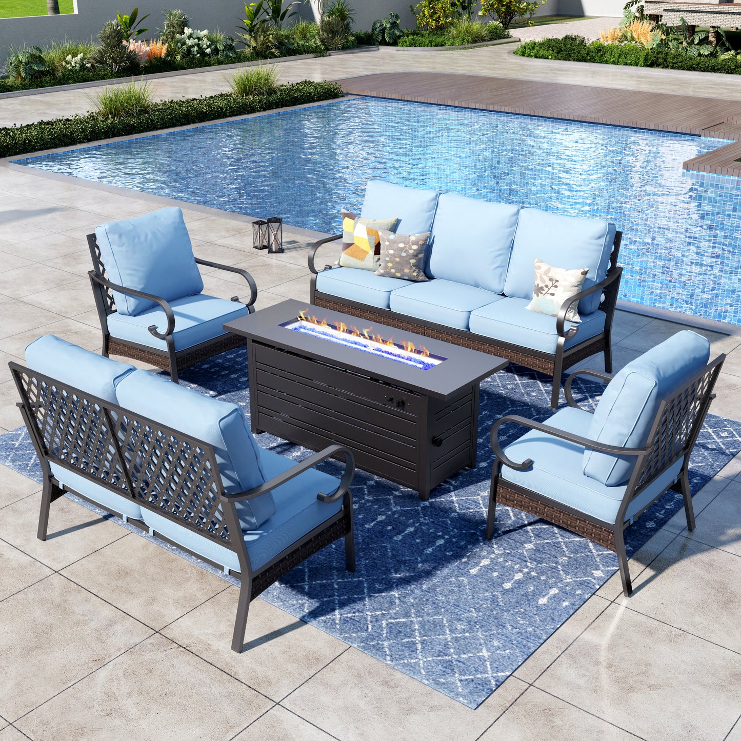 Captiva Designs 5-Piece Wicker Metal Patio Outdoor Furniture Conversation Fire pit Set for Backyard, Garden, Deck