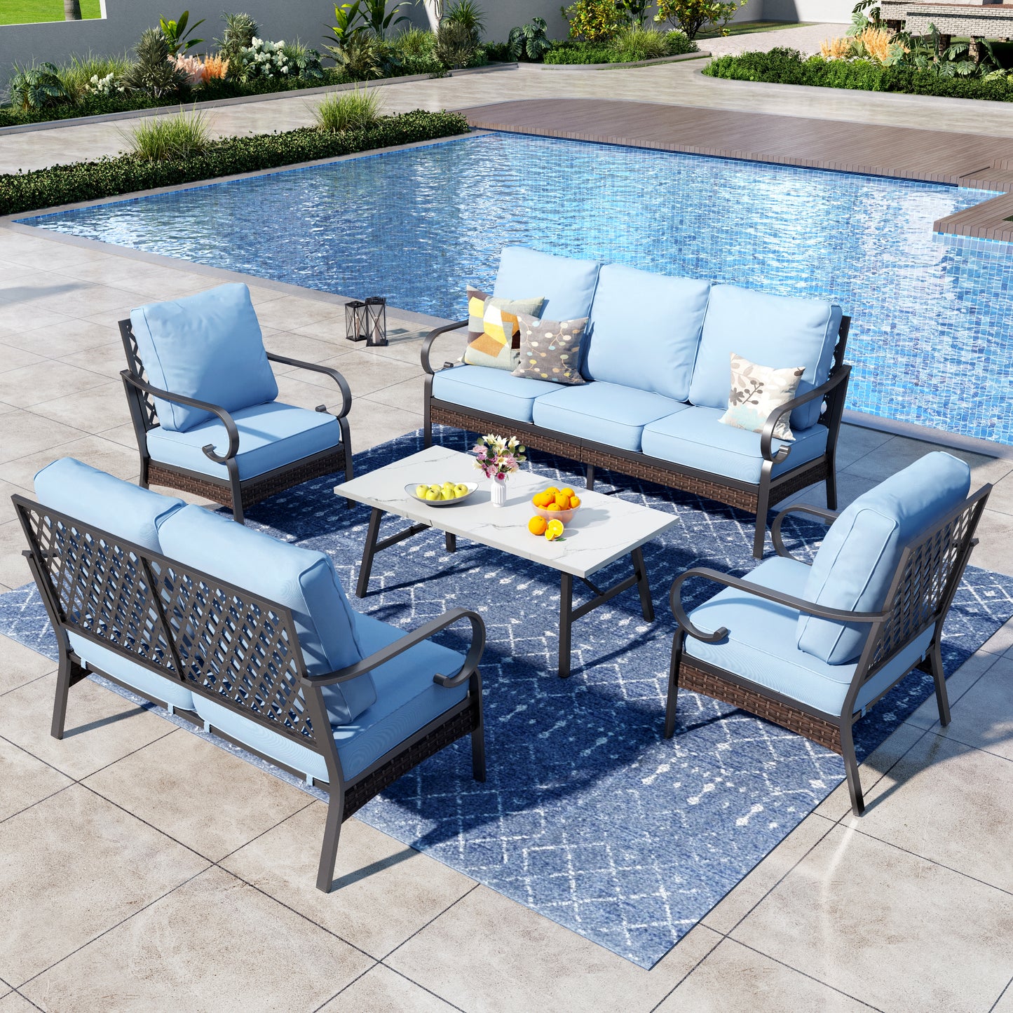 Captiva Designs 5 Piece All Weather Wicker Metal Patio Outdoor Furniture Conversation Set with Loveseat