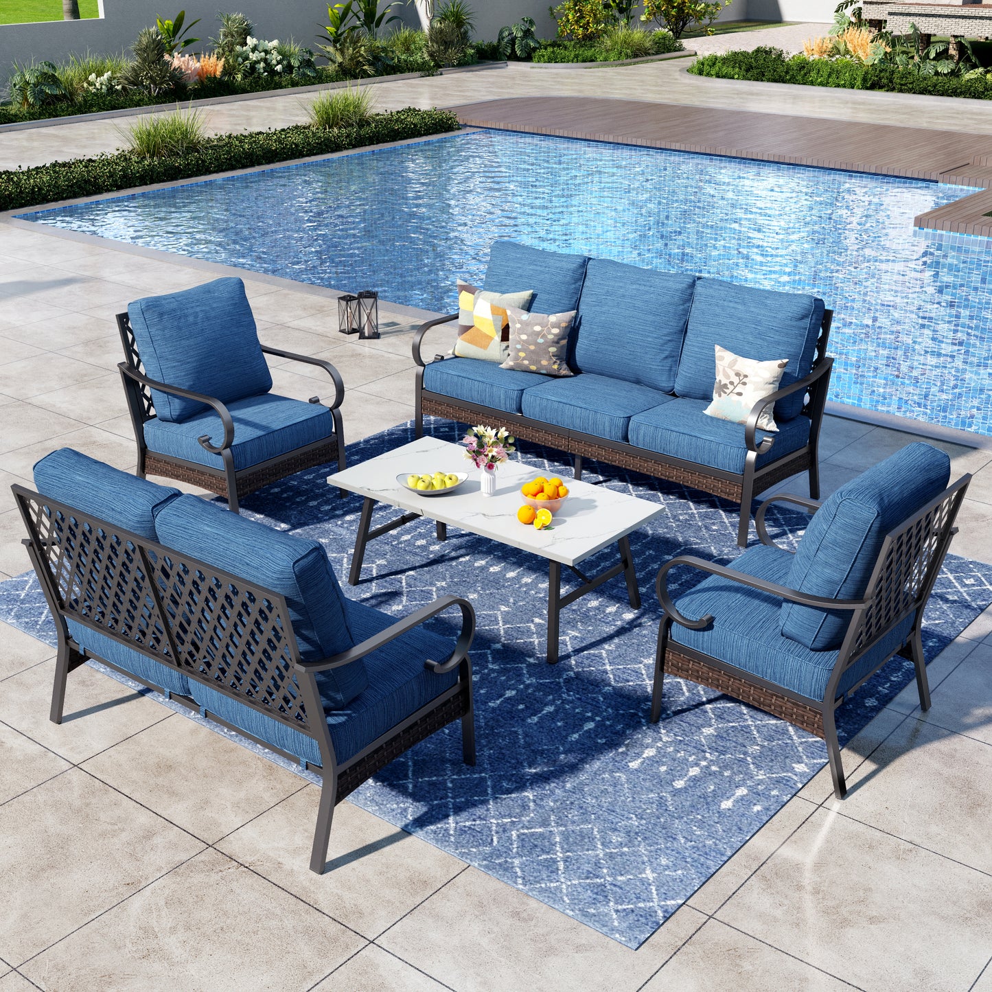 Captiva Designs 5 Piece All Weather Wicker Metal Patio Outdoor Furniture Conversation Set with Loveseat