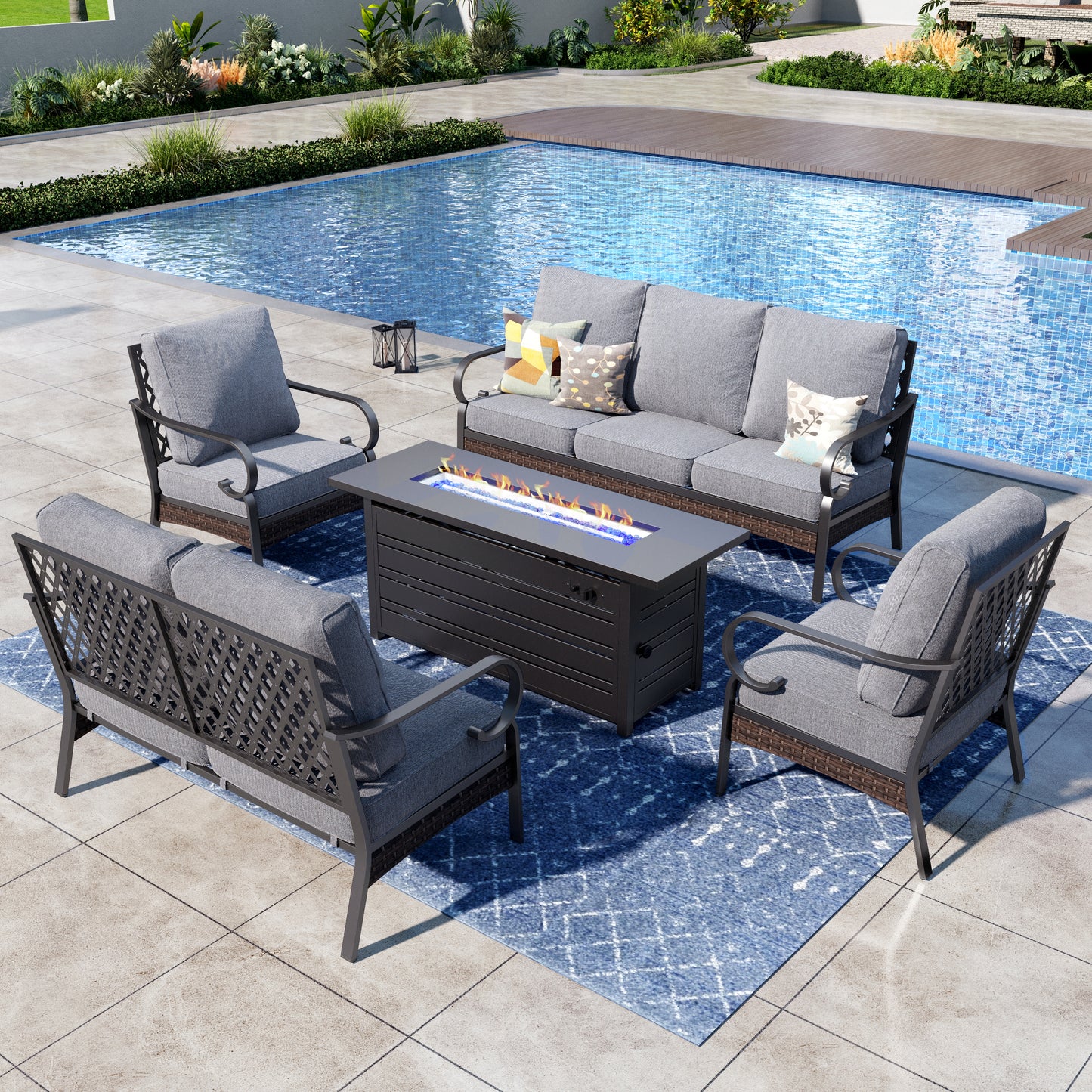 Captiva Designs 5-Piece Wicker Metal Patio Outdoor Furniture Conversation Fire pit Set for Backyard, Garden, Deck