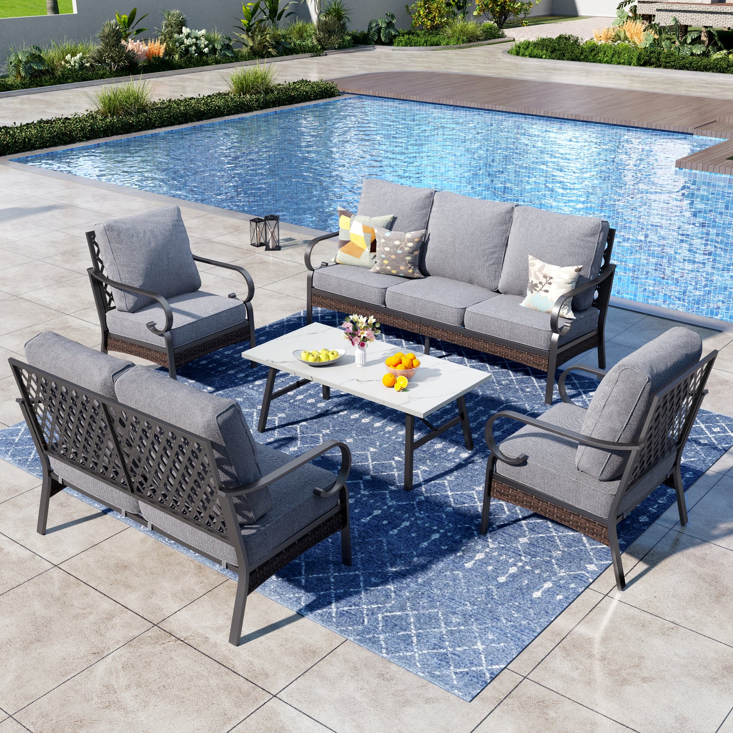 Captiva Designs 5 Piece All Weather Wicker Metal Patio Outdoor Furniture Conversation Set with Loveseat