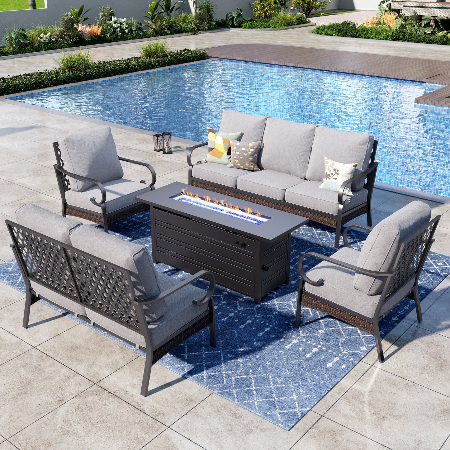 Captiva Designs 5-Piece Wicker Metal Patio Outdoor Furniture Conversation Fire pit Set for Backyard, Garden, Deck