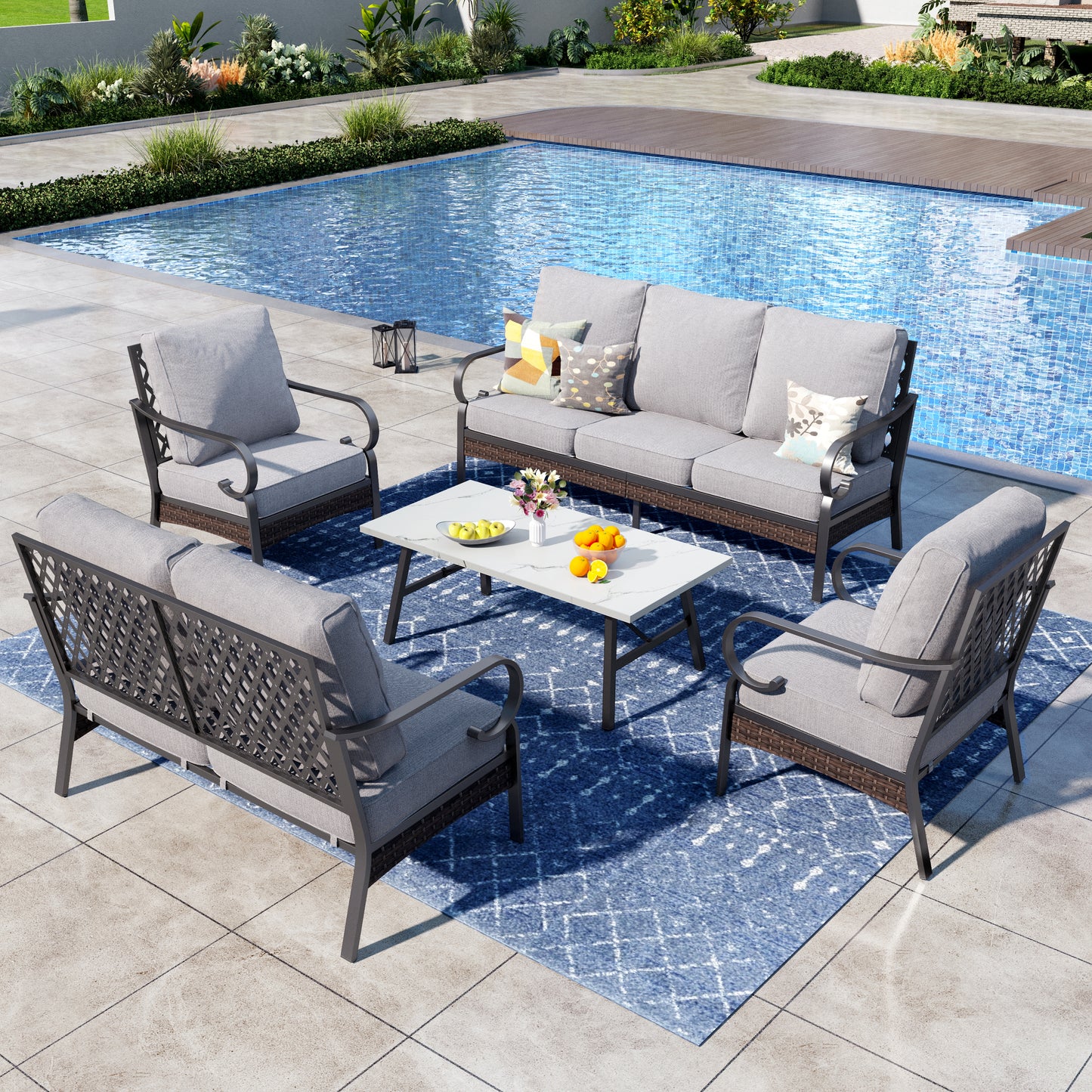 Captiva Designs 5 Piece All Weather Wicker Metal Patio Outdoor Furniture Conversation Set with Loveseat
