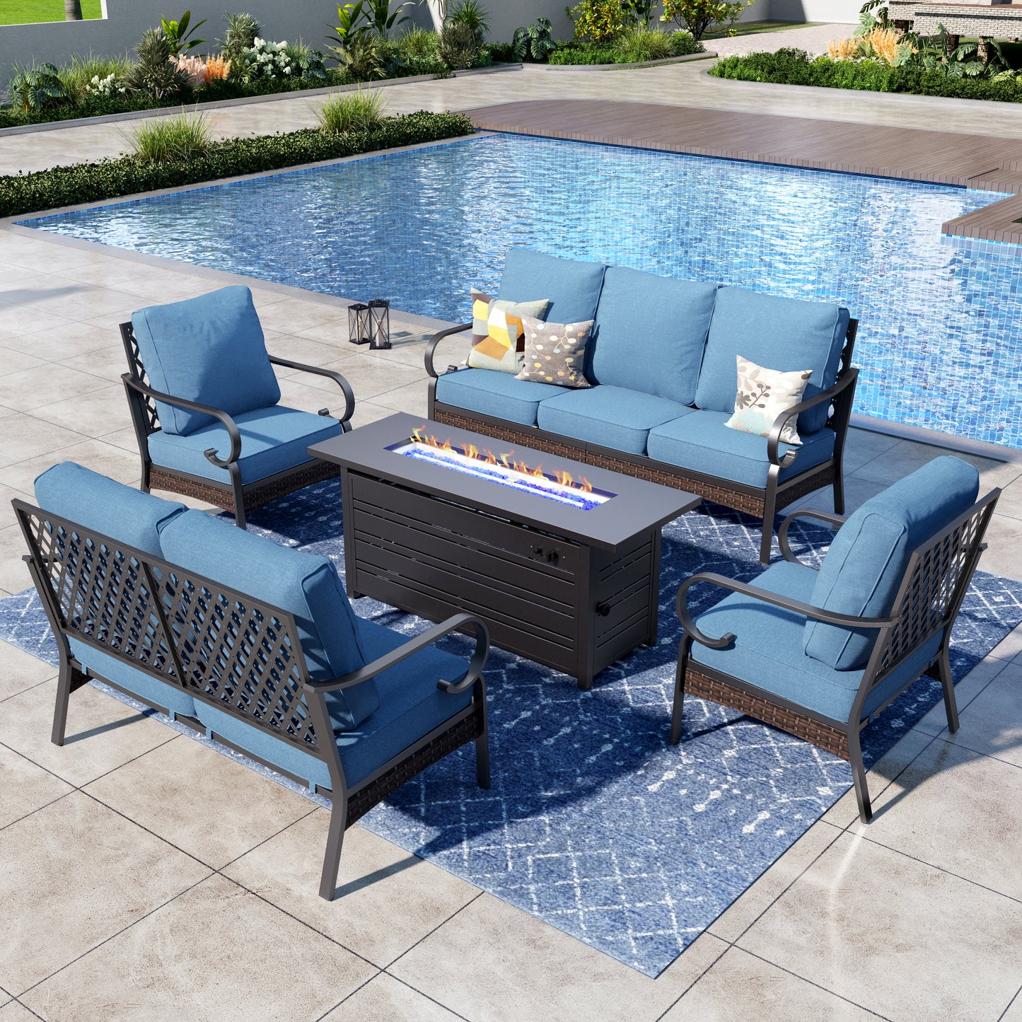 Captiva Designs 5-Piece Wicker Metal Patio Outdoor Furniture Conversation Fire pit Set for Backyard, Garden, Deck