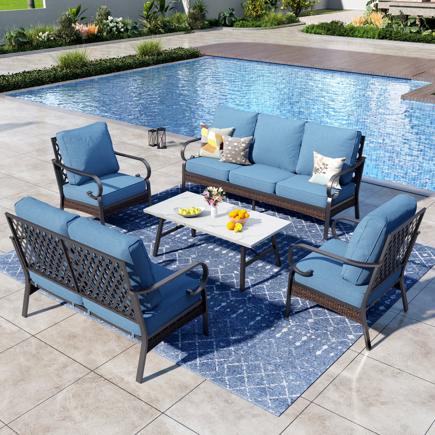 Captiva Designs 5 Piece All Weather Wicker Metal Patio Outdoor Furniture Conversation Set with Loveseat