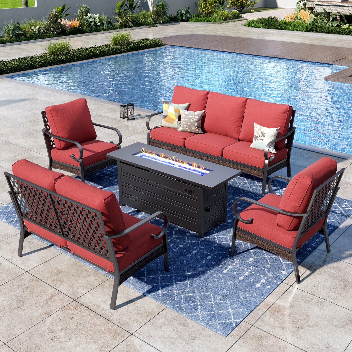 Captiva Designs 5-Piece Wicker Metal Patio Outdoor Furniture Conversation Fire pit Set for Backyard, Garden, Deck