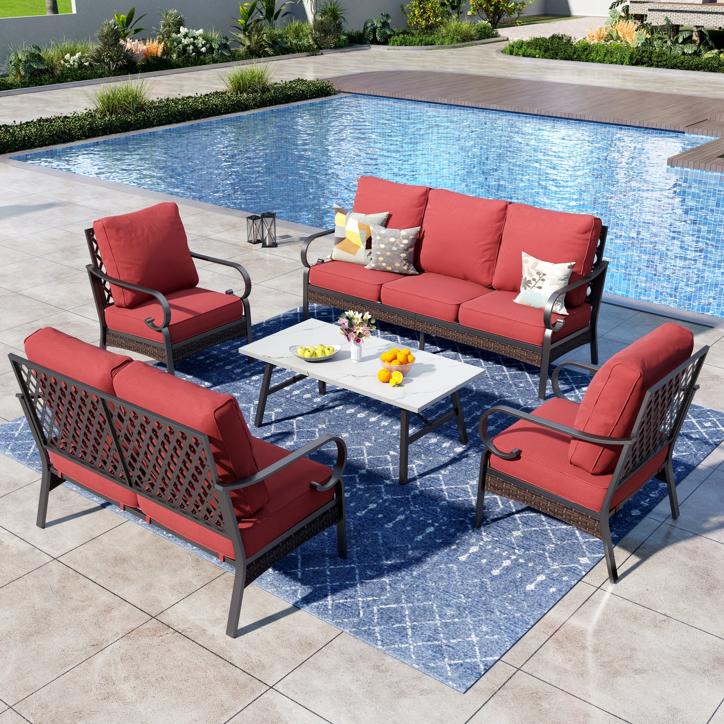 Captiva Designs 5 Piece All Weather Wicker Metal Patio Outdoor Furniture Conversation Set with Loveseat