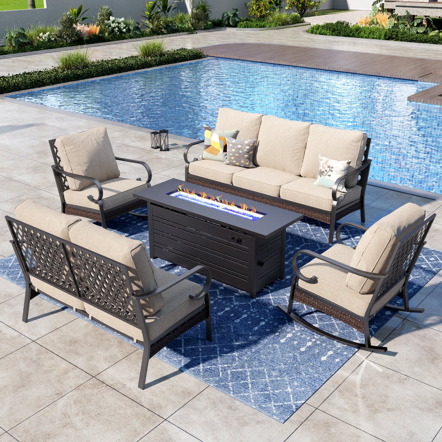 Captiva Designs 5-Piece Wicker Metal Patio Outdoor Furniture Conversation Fire pit Set for Backyard, Garden, Deck