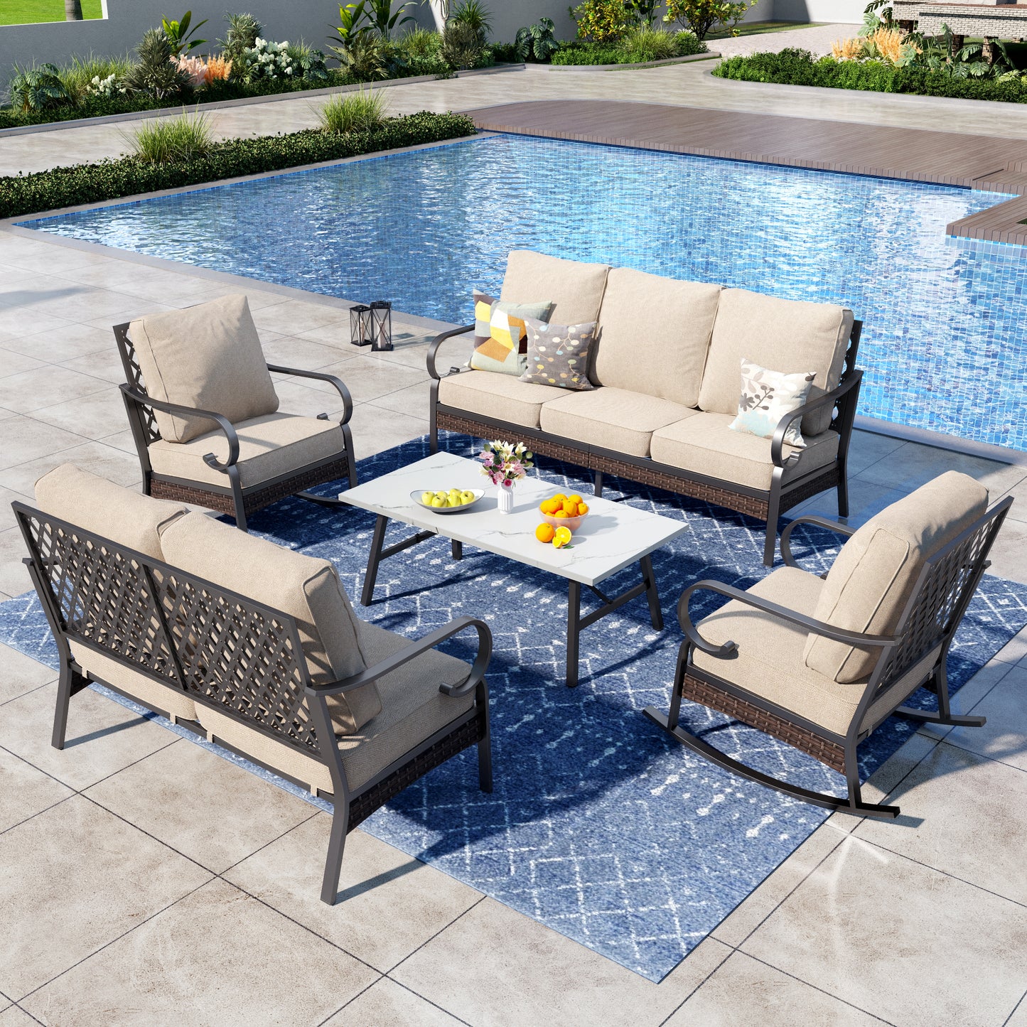 Captiva Designs 5 Piece All Weather Wicker Metal Patio Outdoor Furniture Conversation Set with Loveseat