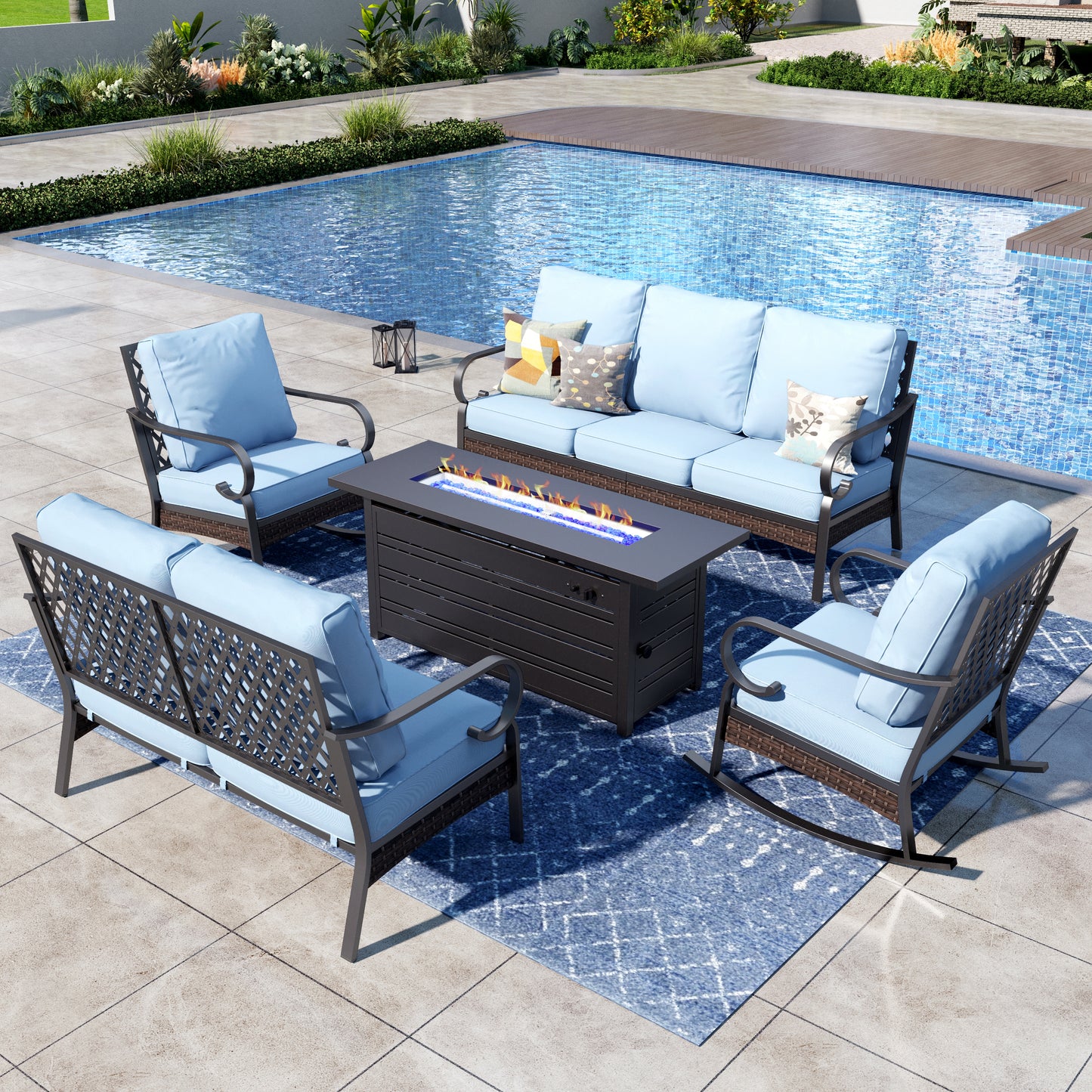 Captiva Designs 5-Piece Wicker Metal Patio Outdoor Furniture Conversation Fire pit Set for Backyard, Garden, Deck