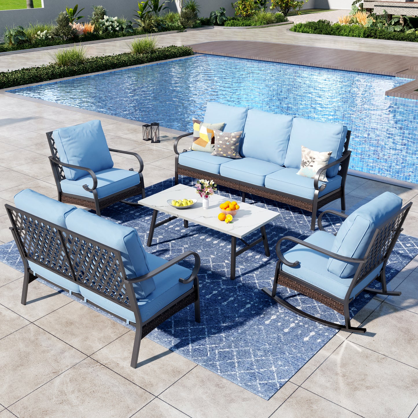 Captiva Designs 5 Piece All Weather Wicker Metal Patio Outdoor Furniture Conversation Set with Loveseat