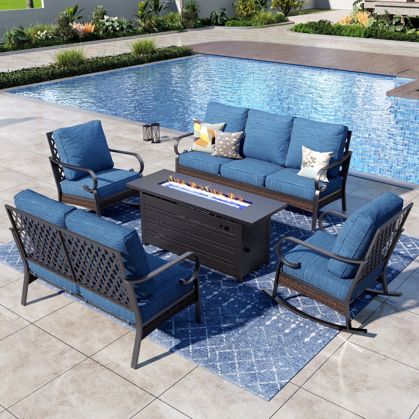 Captiva Designs 5-Piece Wicker Metal Patio Outdoor Furniture Conversation Fire pit Set for Backyard, Garden, Deck