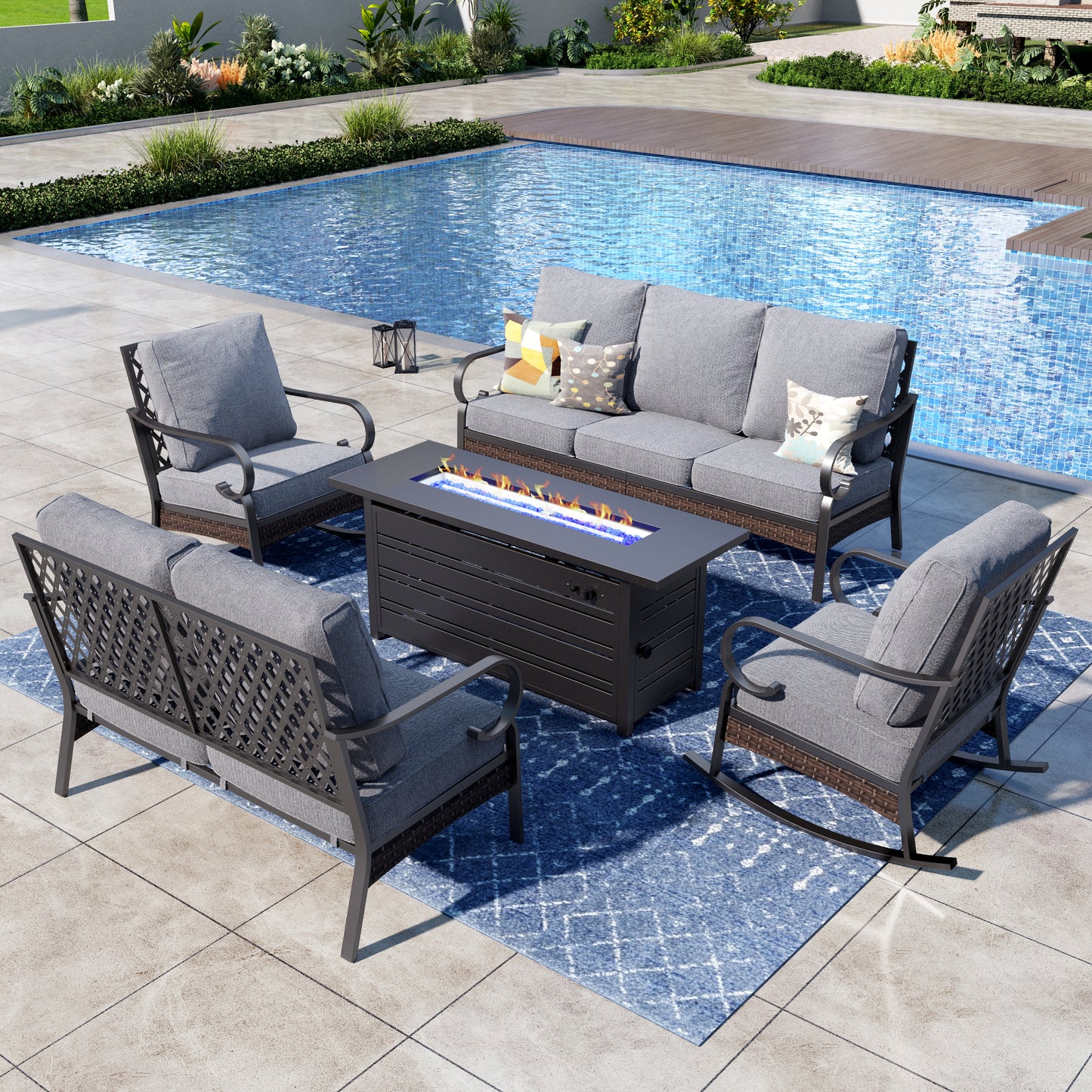 Captiva Designs 5-Piece Wicker Metal Patio Outdoor Furniture Conversation Fire pit Set for Backyard, Garden, Deck