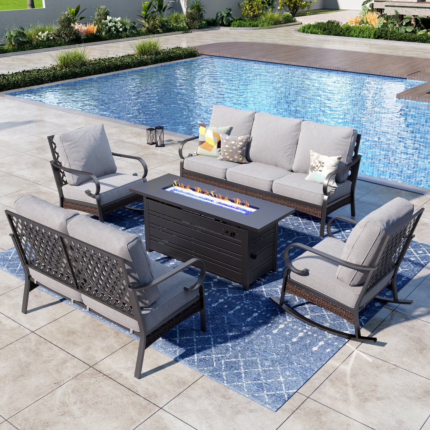 Captiva Designs 5-Piece Wicker Metal Patio Outdoor Furniture Conversation Fire pit Set for Backyard, Garden, Deck