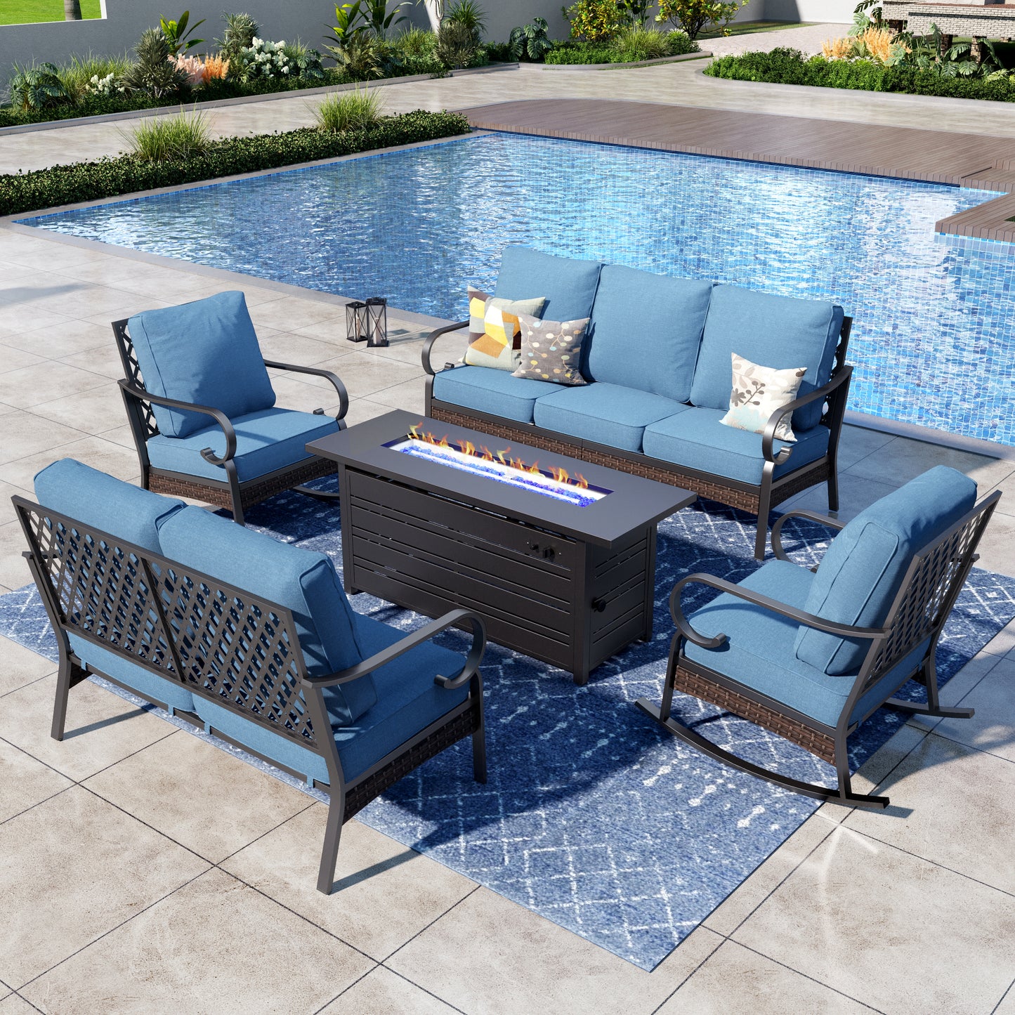 Captiva Designs 5-Piece Wicker Metal Patio Outdoor Furniture Conversation Fire pit Set for Backyard, Garden, Deck