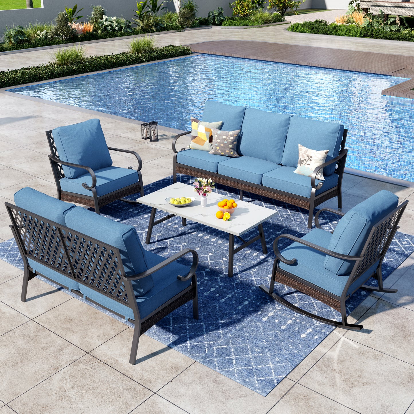 Captiva Designs 5 Piece All Weather Wicker Metal Patio Outdoor Furniture Conversation Set with Loveseat