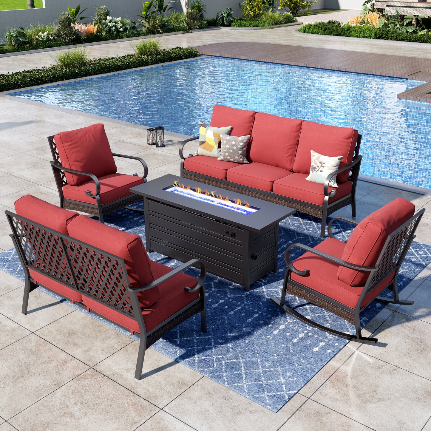 Captiva Designs 5-Piece Wicker Metal Patio Outdoor Furniture Conversation Fire pit Set for Backyard, Garden, Deck