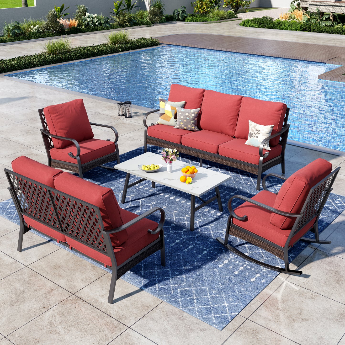 Captiva Designs 5 Piece All Weather Wicker Metal Patio Outdoor Furniture Conversation Set with Loveseat