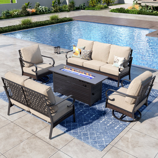 Captiva Designs 5-Piece Wicker Metal Patio Outdoor Furniture Conversation Fire pit Set for Backyard, Garden, Deck