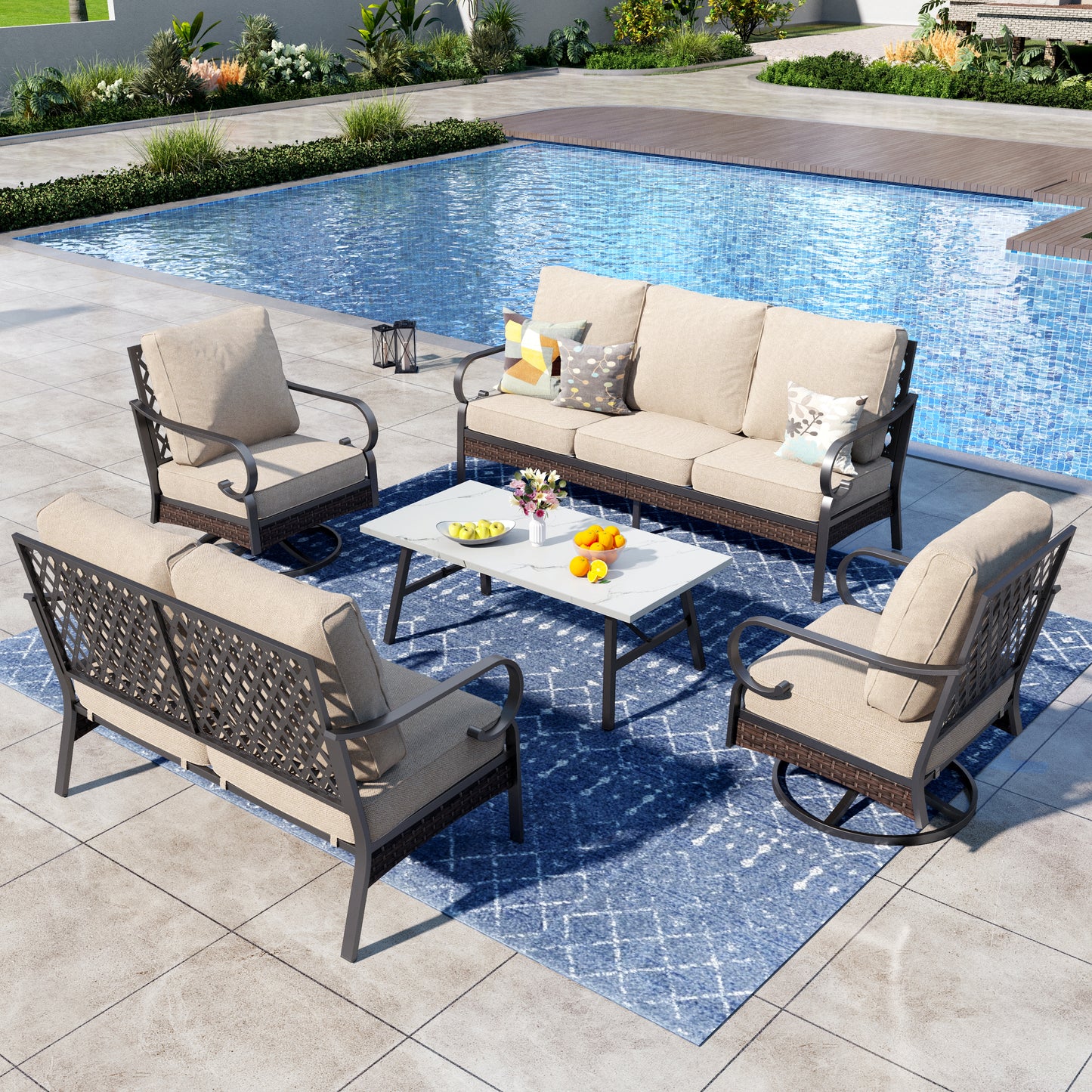 Captiva Designs 5 Piece All Weather Wicker Metal Patio Outdoor Furniture Conversation Set with Loveseat