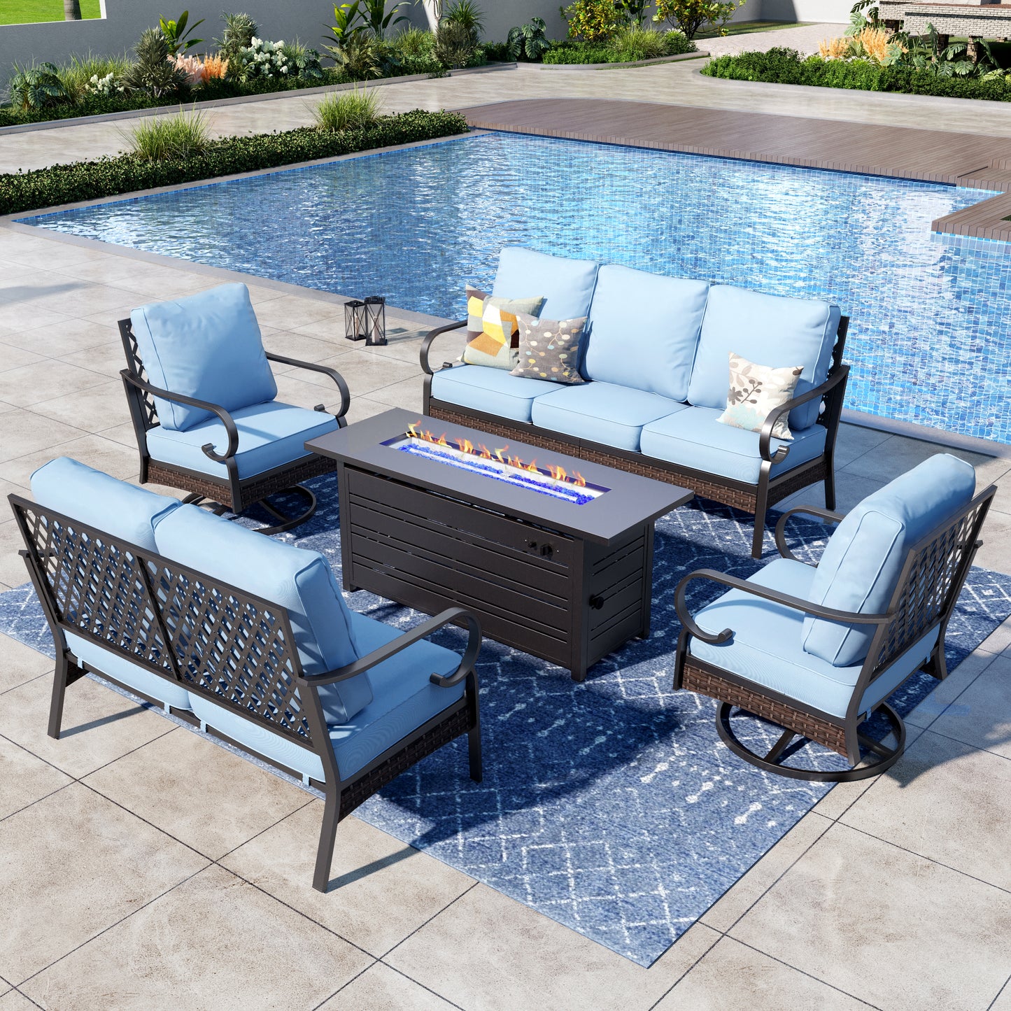 Captiva Designs 5-Piece Wicker Metal Patio Outdoor Furniture Conversation Fire pit Set for Backyard, Garden, Deck