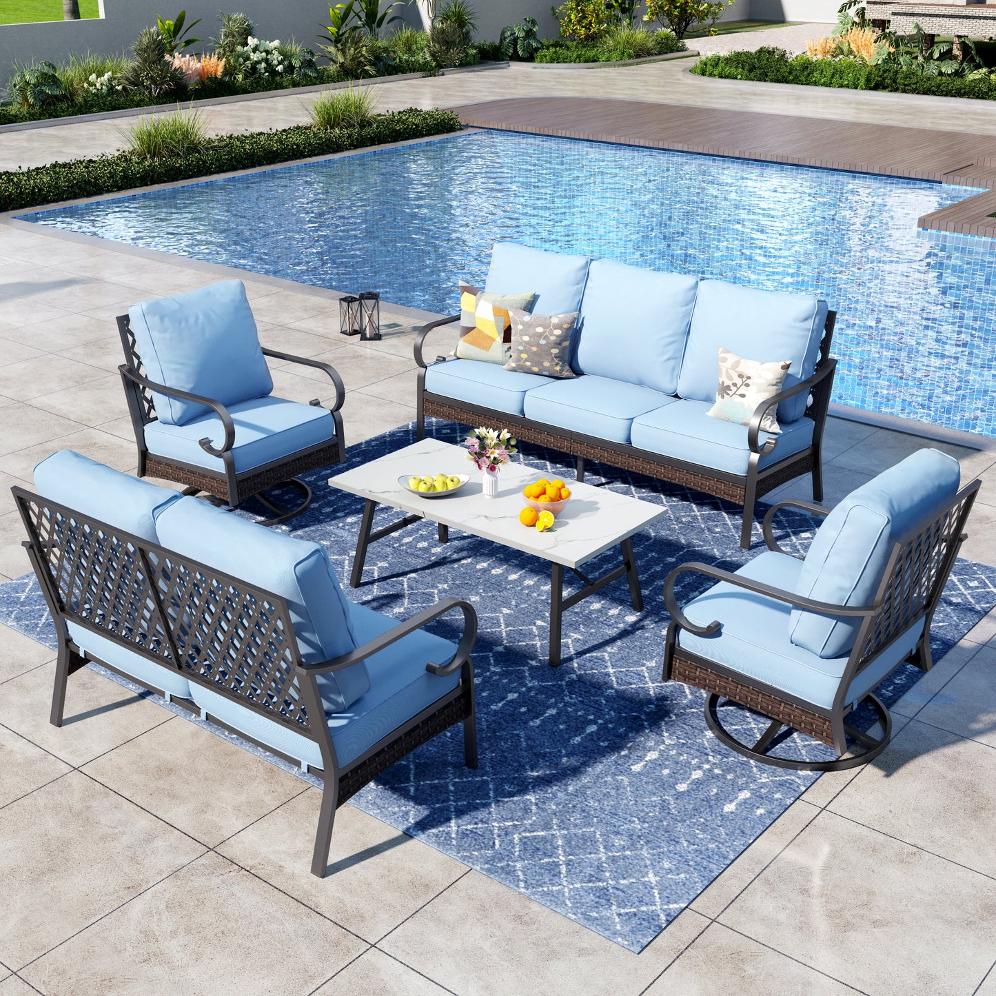 Captiva Designs 5 Piece All Weather Wicker Metal Patio Outdoor Furniture Conversation Set with Loveseat