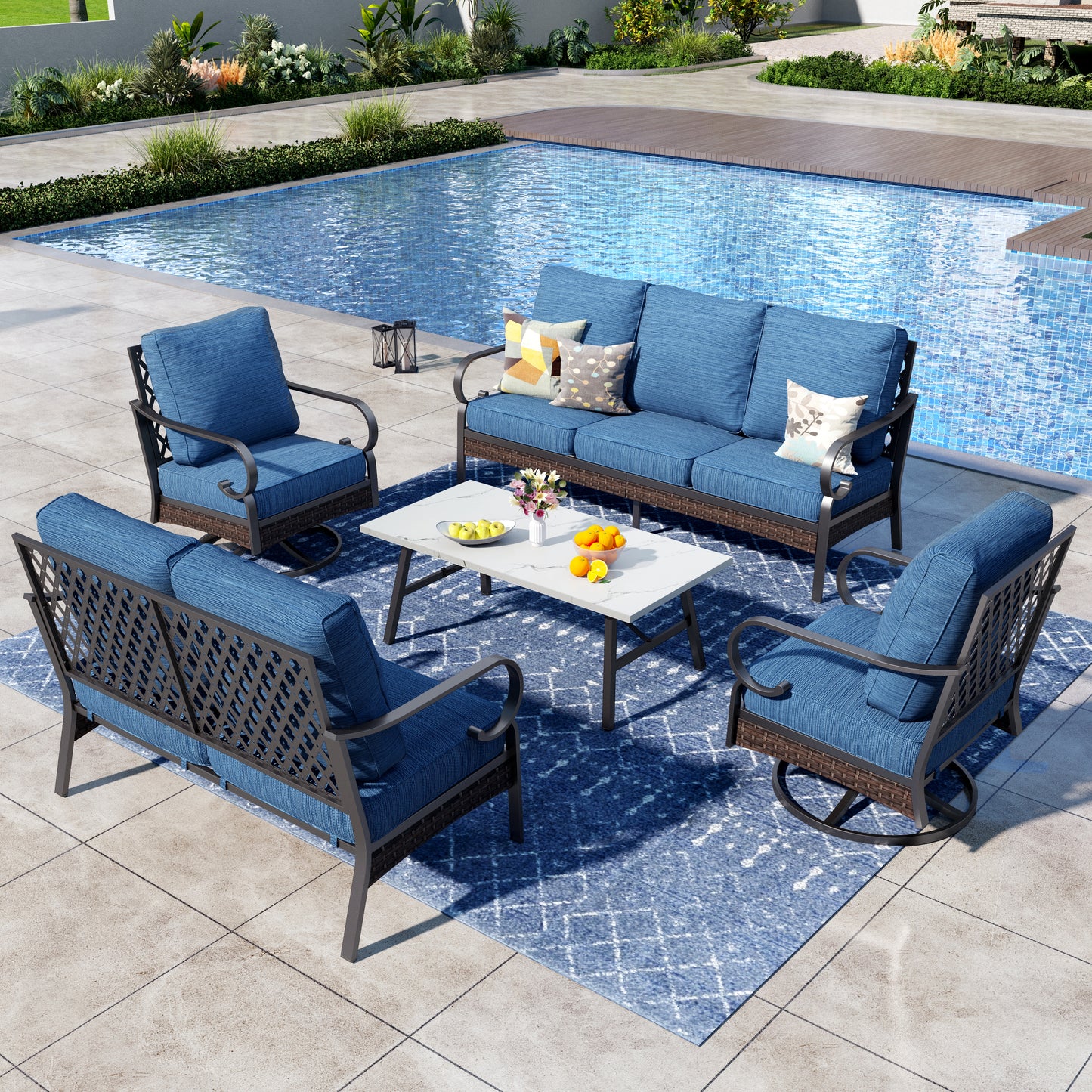 Captiva Designs 5 Piece All Weather Wicker Metal Patio Outdoor Furniture Conversation Set with Loveseat