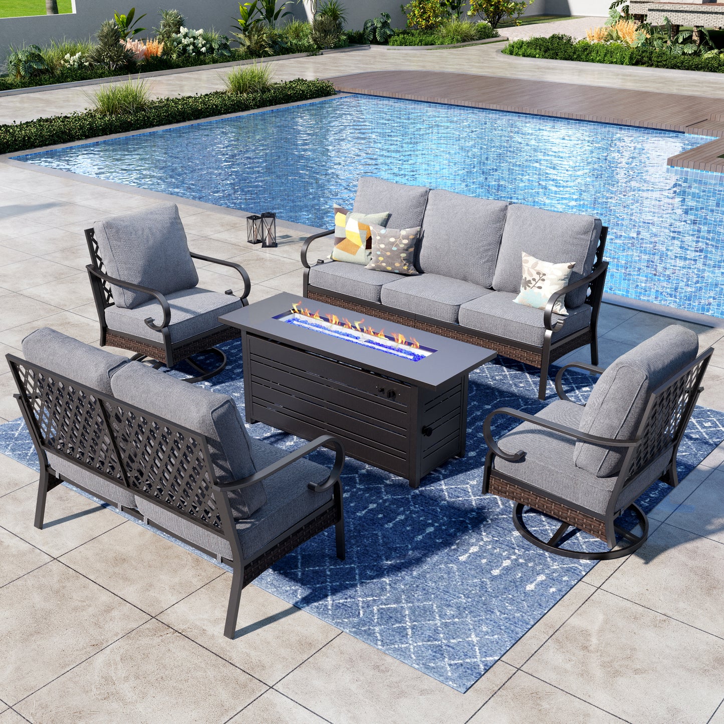 Captiva Designs 5-Piece Wicker Metal Patio Outdoor Furniture Conversation Fire pit Set for Backyard, Garden, Deck