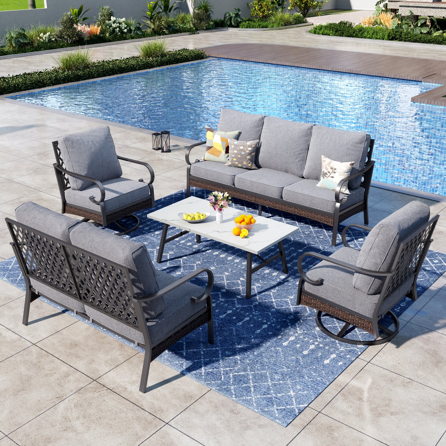 Captiva Designs 5 Piece All Weather Wicker Metal Patio Outdoor Furniture Conversation Set with Loveseat