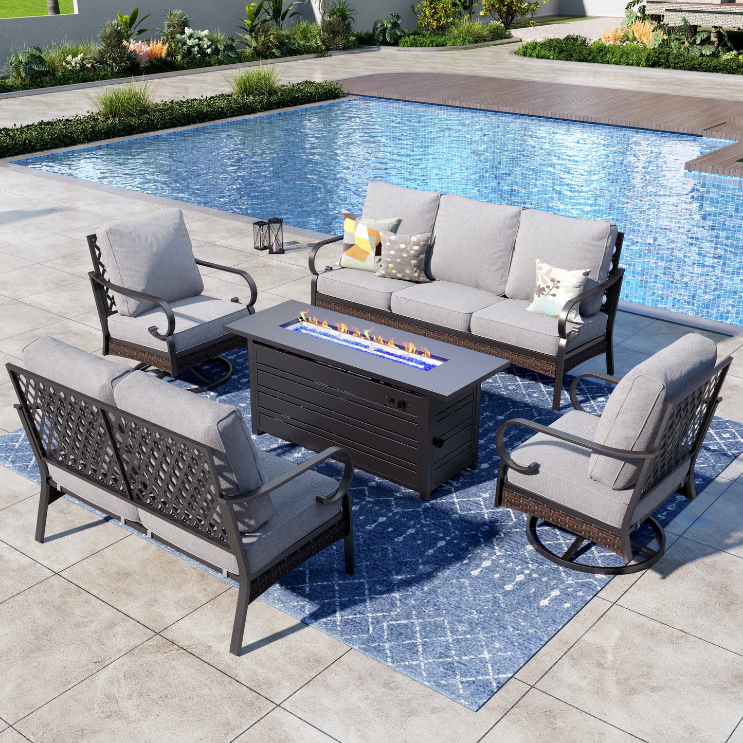 Captiva Designs 5-Piece Wicker Metal Patio Outdoor Furniture Conversation Fire pit Set for Backyard, Garden, Deck