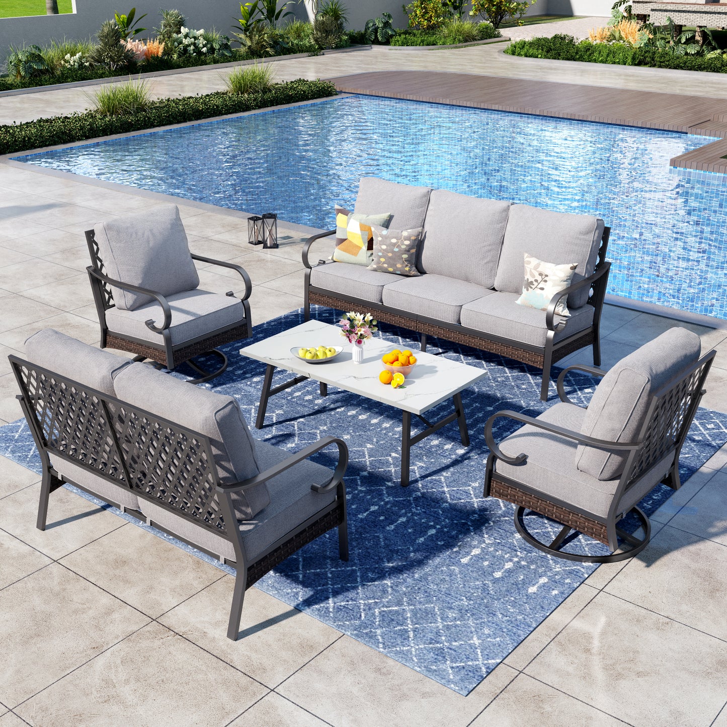 Captiva Designs 5 Piece All Weather Wicker Metal Patio Outdoor Furniture Conversation Set with Loveseat