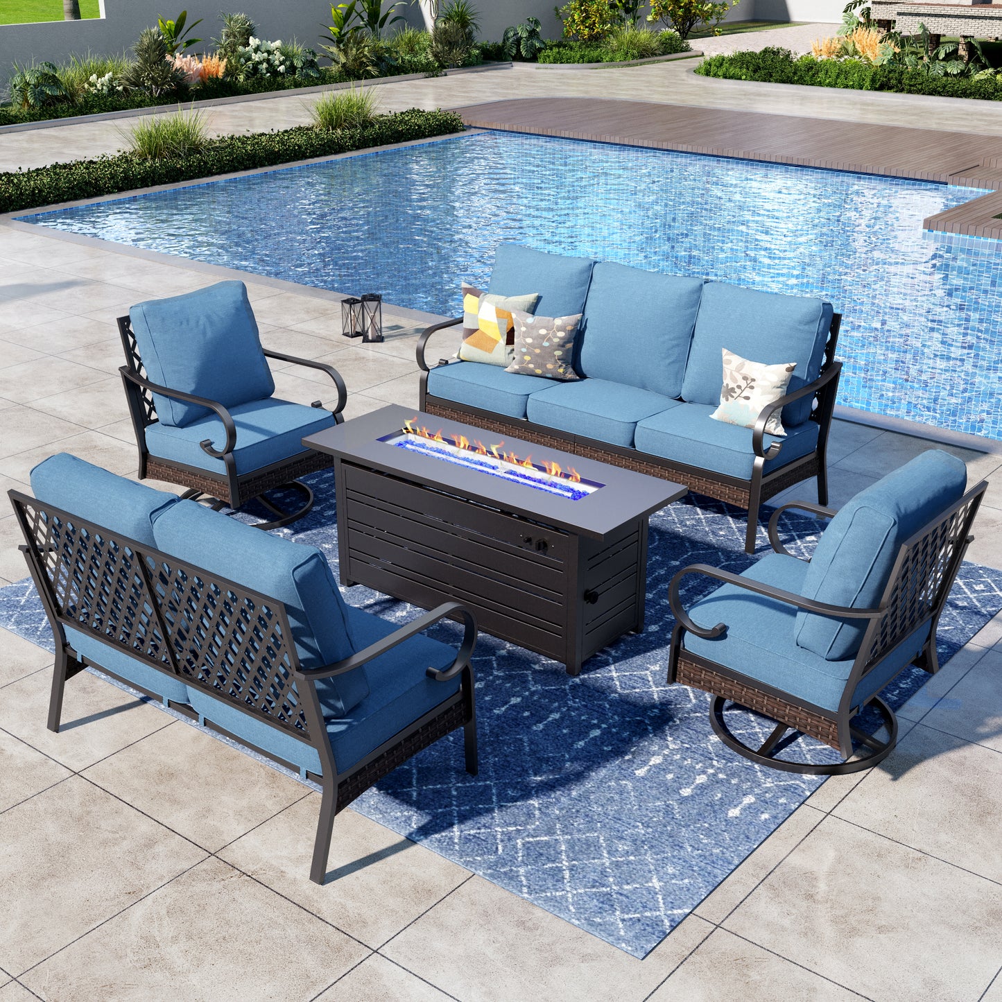 Captiva Designs 5-Piece Wicker Metal Patio Outdoor Furniture Conversation Fire pit Set for Backyard, Garden, Deck