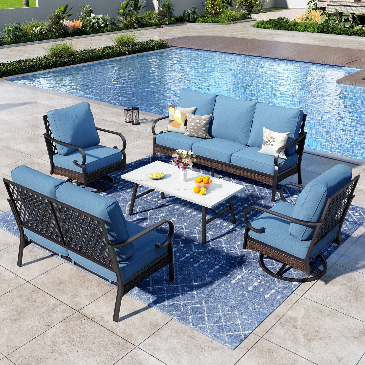 Captiva Designs 5 Piece All Weather Wicker Metal Patio Outdoor Furniture Conversation Set with Loveseat