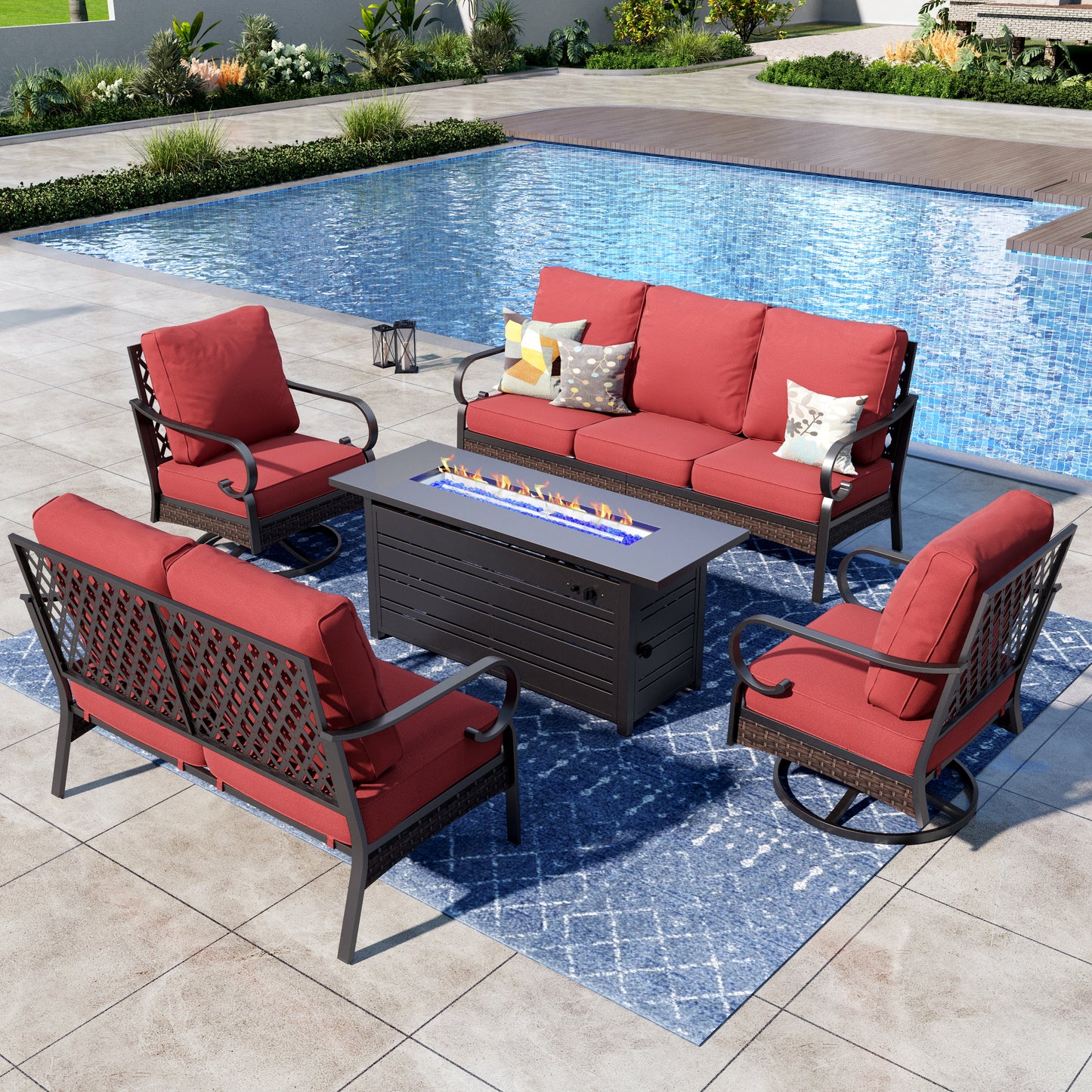 Captiva Designs 5-Piece Wicker Metal Patio Outdoor Furniture Conversation Fire pit Set for Backyard, Garden, Deck
