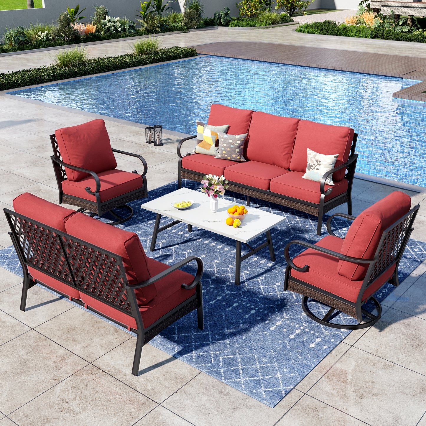 Captiva Designs 5 Piece All Weather Wicker Metal Patio Outdoor Furniture Conversation Set with Loveseat