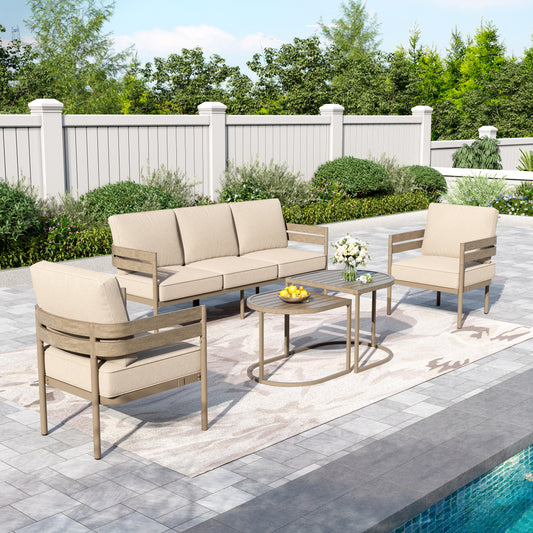 Captiva Designs 4 Pieces Outdoor Patio Wood-Like Furniture Conversation Set with Ultra Thick Cushion and Nesting Coffee Table