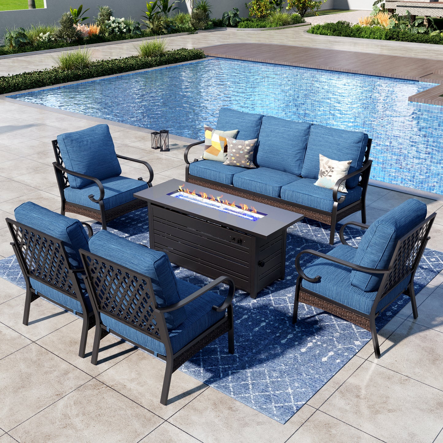 Captiva Designs 6-Piece Wicker Metal Patio Outdoor Furniture Conversation Fire pit Set for Backyard, Garden, Deck
