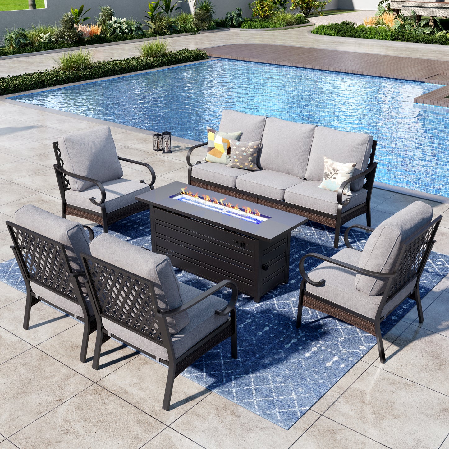 Captiva Designs 6-Piece Wicker Metal Patio Outdoor Furniture Conversation Fire pit Set for Backyard, Garden, Deck