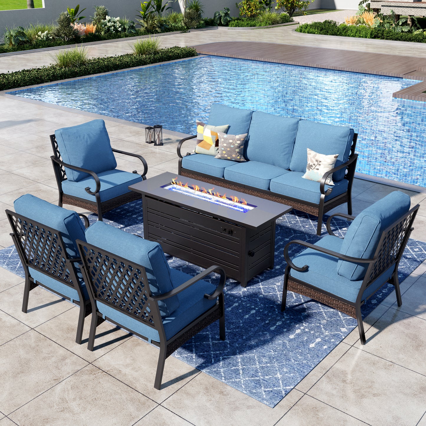 Captiva Designs 6-Piece Wicker Metal Patio Outdoor Furniture Conversation Fire pit Set for Backyard, Garden, Deck