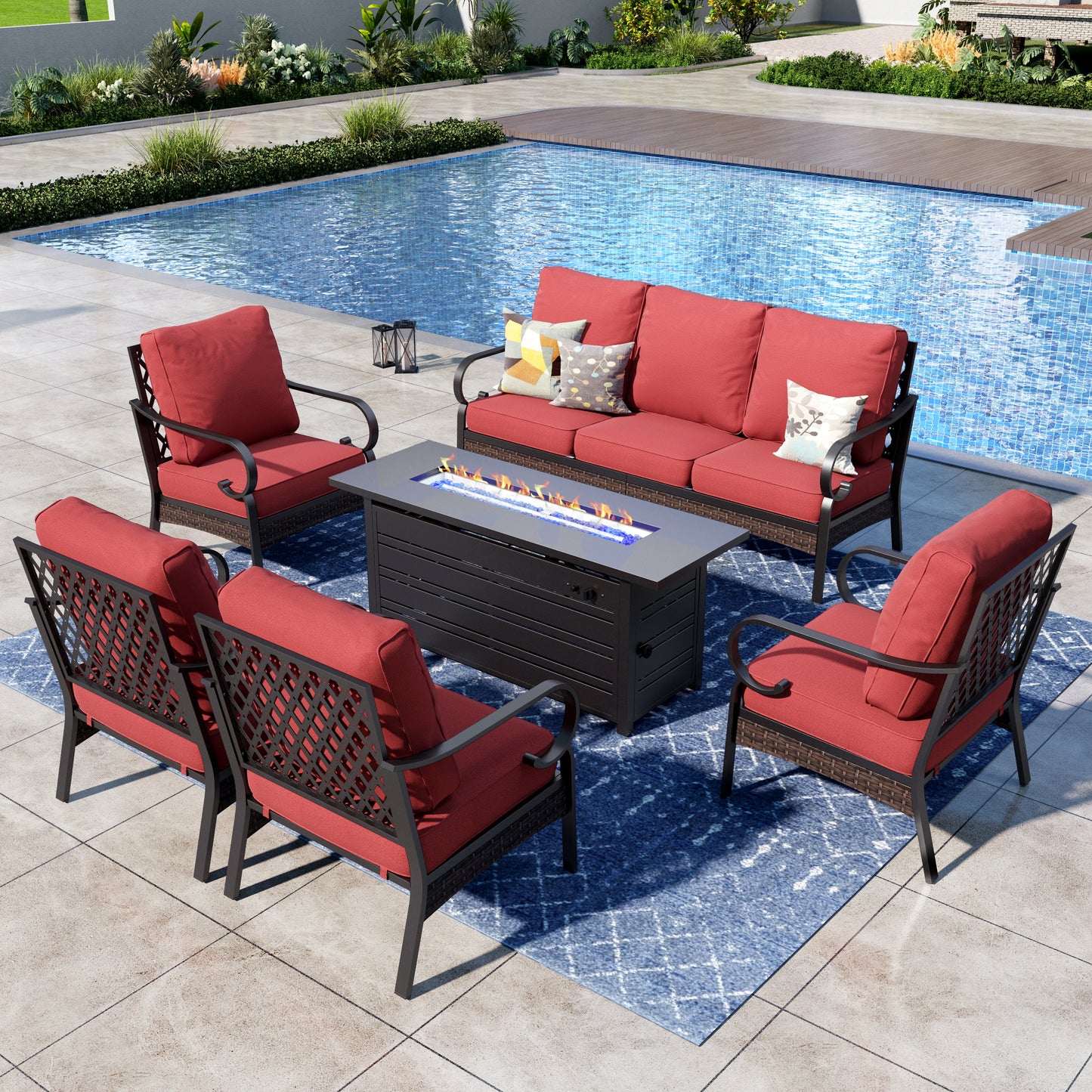 Captiva Designs 6-Piece Wicker Metal Patio Outdoor Furniture Conversation Fire pit Set for Backyard, Garden, Deck