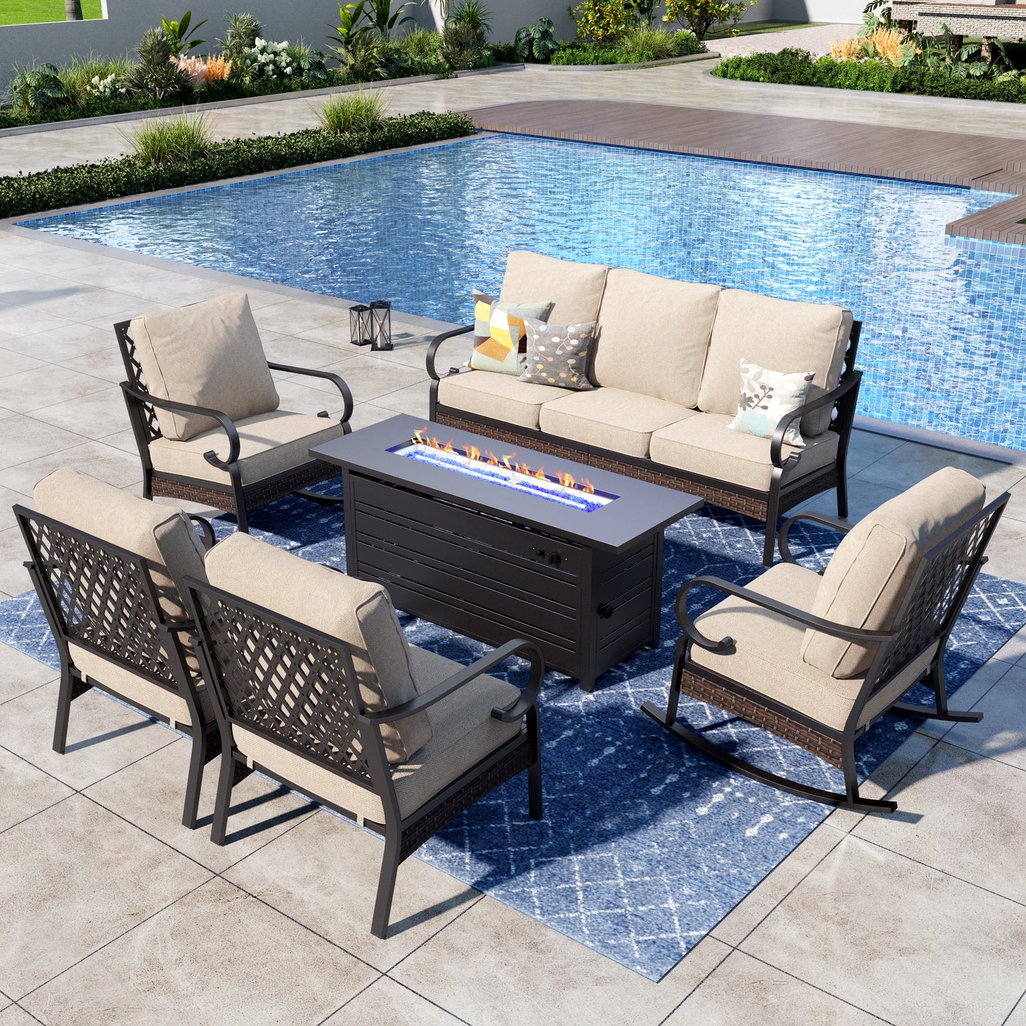 Captiva Designs 6-Piece Wicker Metal Patio Outdoor Furniture Conversation Fire pit Set for Backyard, Garden, Deck