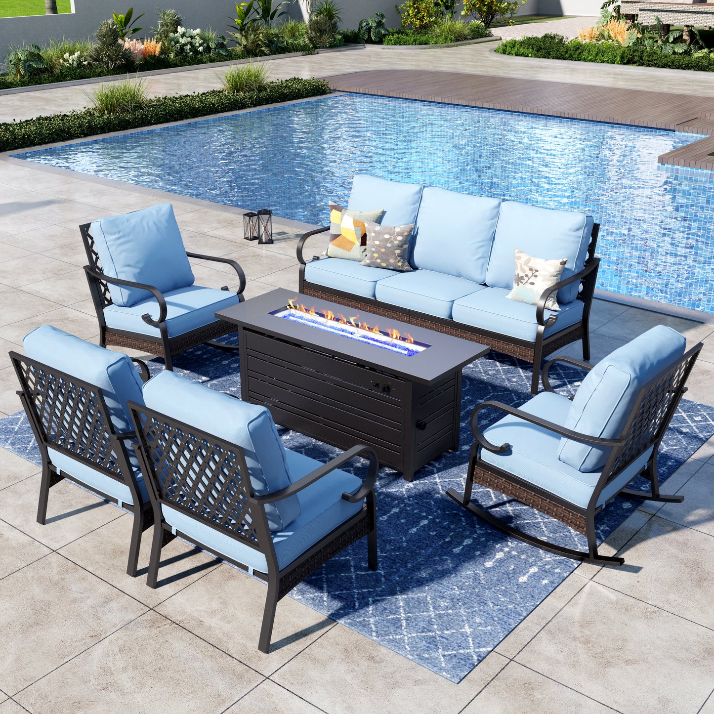 Captiva Designs 6-Piece Wicker Metal Patio Outdoor Furniture Conversation Fire pit Set for Backyard, Garden, Deck
