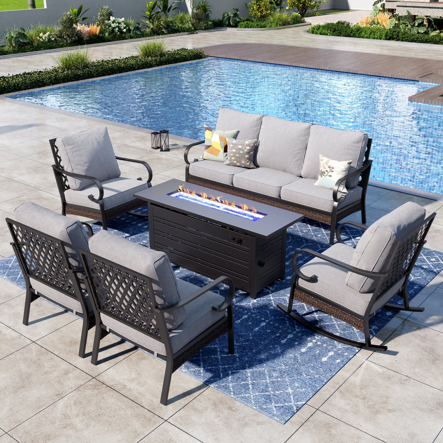 Captiva Designs 6-Piece Wicker Metal Patio Outdoor Furniture Conversation Fire pit Set for Backyard, Garden, Deck