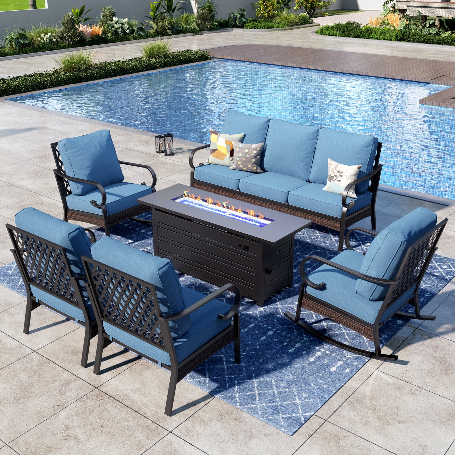 Captiva Designs 6-Piece Wicker Metal Patio Outdoor Furniture Conversation Fire pit Set for Backyard, Garden, Deck