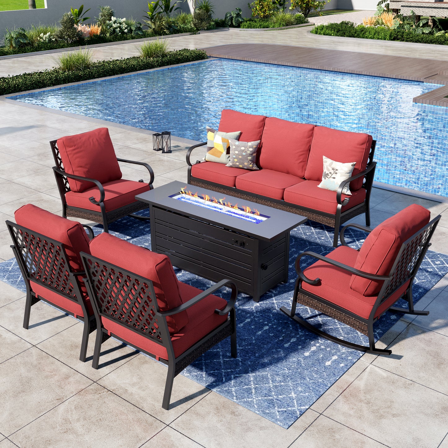 Captiva Designs 6-Piece Wicker Metal Patio Outdoor Furniture Conversation Fire pit Set for Backyard, Garden, Deck