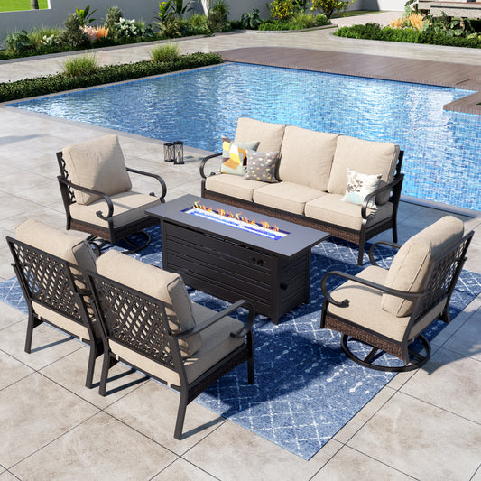 Captiva Designs 6-Piece Wicker Metal Patio Outdoor Furniture Conversation Fire pit Set