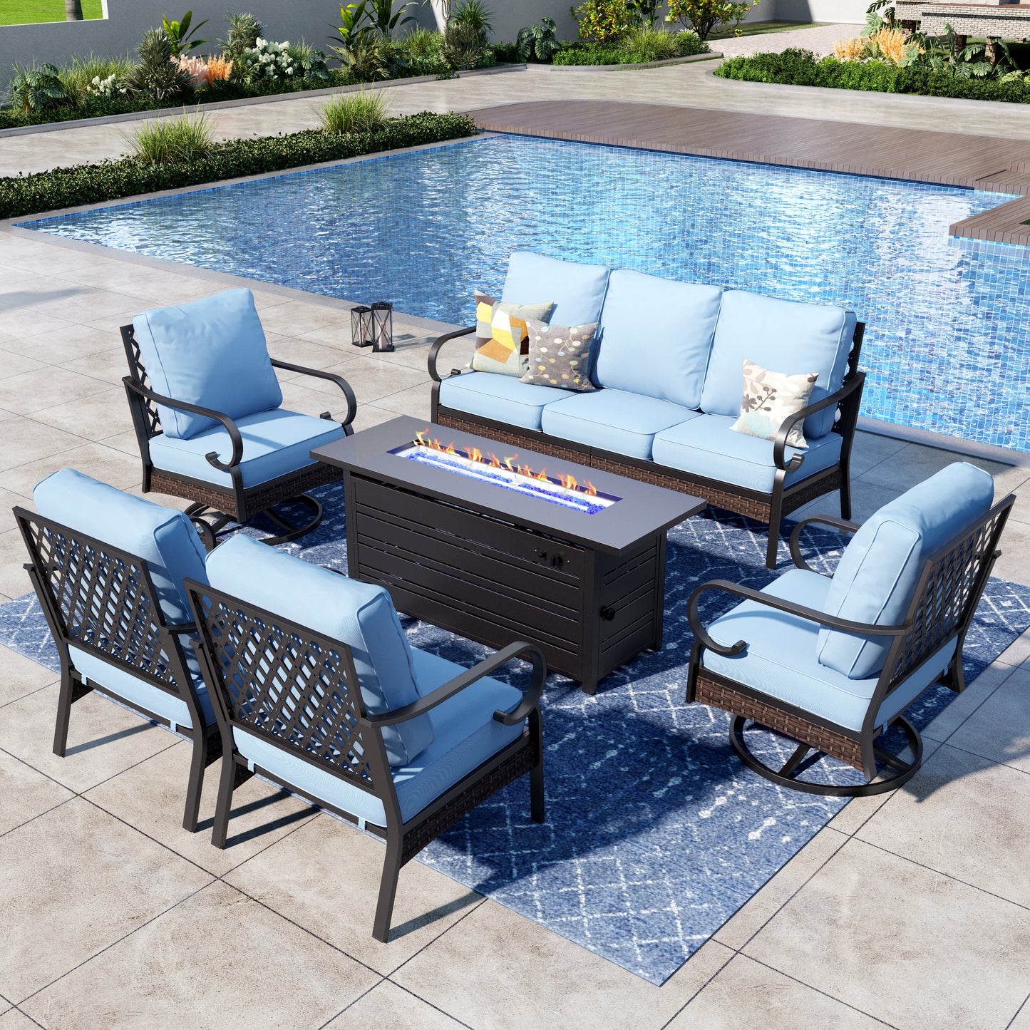Captiva Designs 6-Piece Wicker Metal Patio Outdoor Furniture Conversation Fire pit Set for Backyard, Garden, Deck
