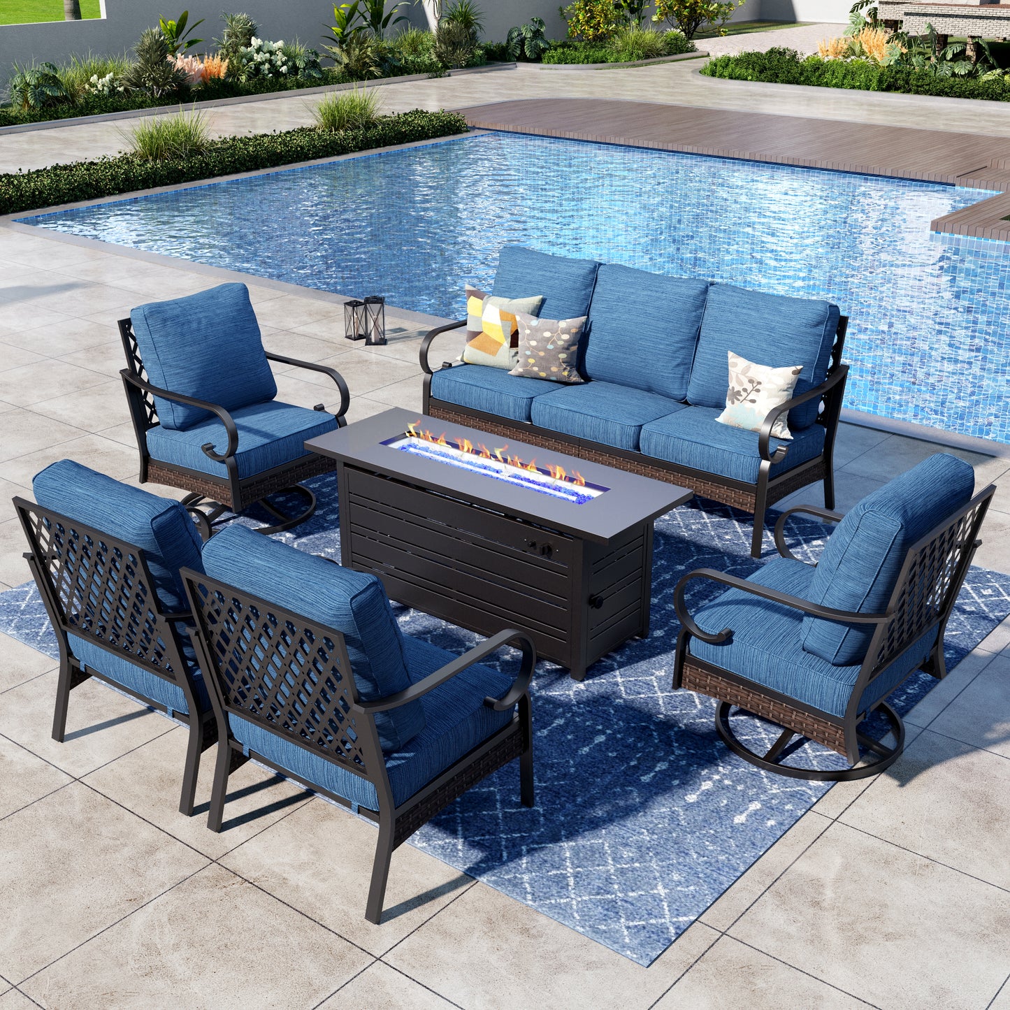 Captiva Designs 6-Piece Wicker Metal Patio Outdoor Furniture Conversation Fire pit Set for Backyard, Garden, Deck