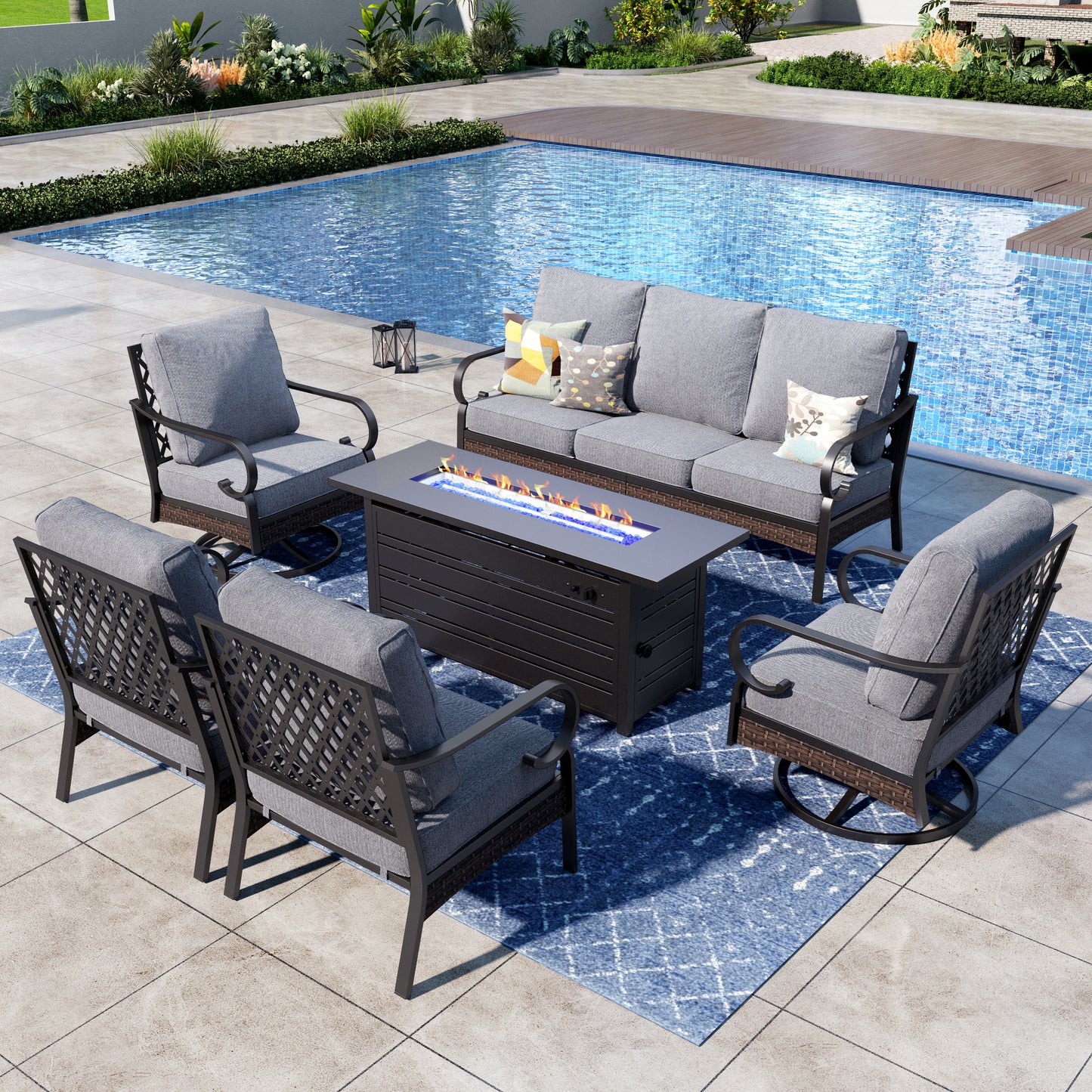 Captiva Designs 6-Piece Wicker Metal Patio Outdoor Furniture Conversation Fire pit Set for Backyard, Garden, Deck