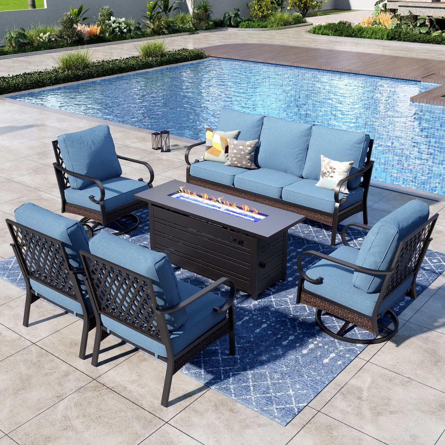 Captiva Designs 6-Piece Wicker Metal Patio Outdoor Furniture Conversation Fire pit Set for Backyard, Garden, Deck